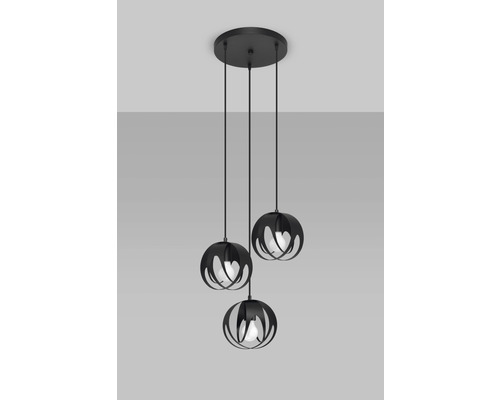 Lumină suspendată neagră cu trei abajururi sferice