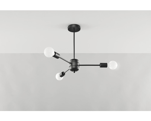 Lumină de tavan neagră cu trei brațe de iluminat și becuri rotunde