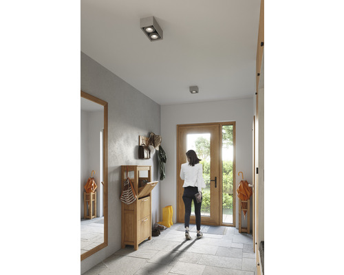 Zona de intrare cu corpuri de iluminat de tavan, oglindă, dulap de pantofi și suport pentru haine.