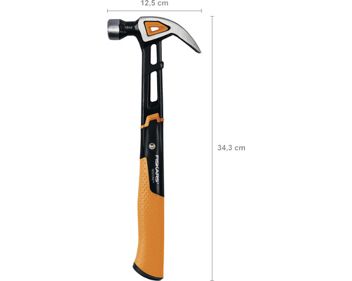 Ciocan de despicat Fiskars cu o lungime de 34,3 cm și o lățime de 12,5 cm.