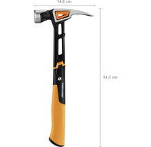 Ciocan de tâmplărie Fiskars cu dimensiunile 14,6 cm x 34,3 cm.