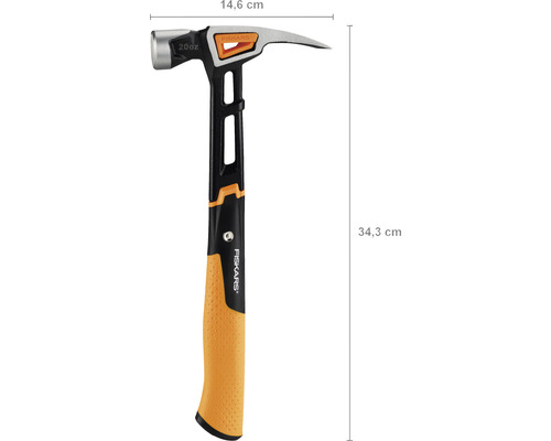 Ciocan de tâmplărie Fiskars cu dimensiunile 14,6 cm x 34,3 cm.