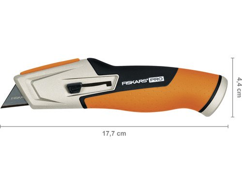 Cuțit pentru mochetă Fiskars Pro cu dimensiunile de 17,7 cm lungime și 4,4 cm înălțime