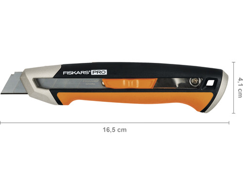 Cutter Fiskars Pro cu o lungime de 16,5 cm și o înălțime de 4,1 cm.