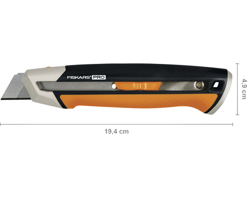Cutter Fiskars Pro cu lungimea de 19,4 cm și înălțimea de 4,9 cm.
