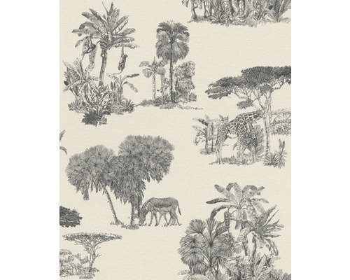 Tapet vlies 555028 Lirico safari alb/negru 10,05x0,53 m Tapet cu motiv de junglă, inclusiv copaci, girafe și zebre
