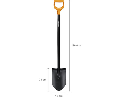 Cazma cu mâner în formă de D, lungime aproximativ 116 cm, marca Fiskars
