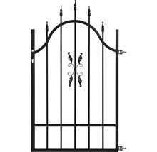Poartă de grădină neagră din metal cu elemente decorative.
