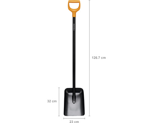 Lopată de zăpadă Fiskars cu dimensiunile de 126,7 cm înălțime, 32 cm adâncime și 23 cm lățime.