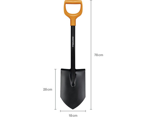 Logo Fiskars Lopată cu mâner D și dimensiunile de 78, 28 și 18 centimetri
