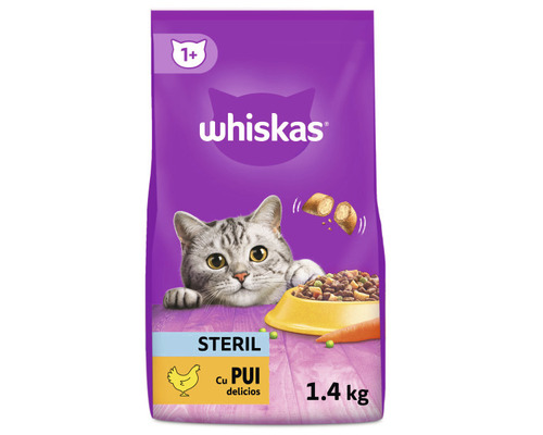Hrană uscată pentru pisici Whiskas Sterile pui, 1,4 kg Whiskas Steril hrană uscată pentru pisici cu pui în ambalaj de 1.4 kilograme