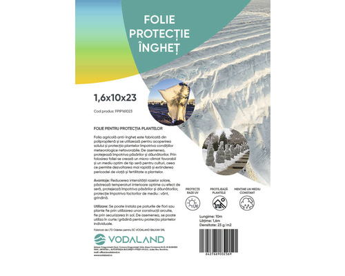 Folie protecție îngheț Vodaland PP Terra 1,6,x10 m 23 g/m² Folie de protecție anti-îngheț pentru plante, dimensiuni 1,6 x 10 x 23 metri