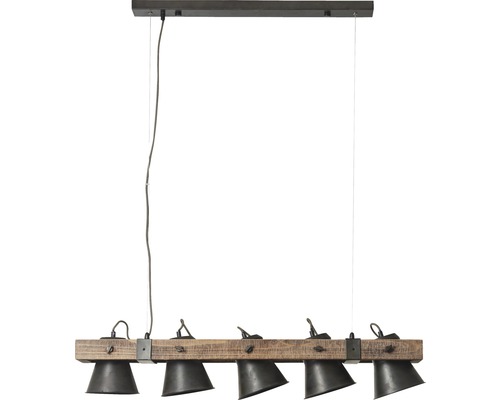 Lumină suspendată cu cinci becuri pe grindă de lemn