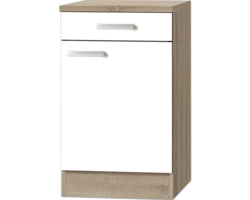 Corp inferior bucătărie Optifit Zamora214, 50 cm, 1 ușă 1 sertar, alb Dulap inferior cu sertar, aspect de lemn și alb