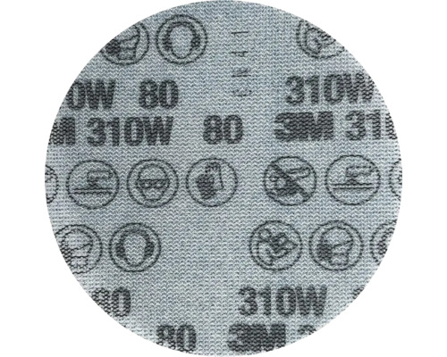 Prim-plan al unui șmirghel cu granulație 80, cu simboluri de siguranță și logo-ul 3M
