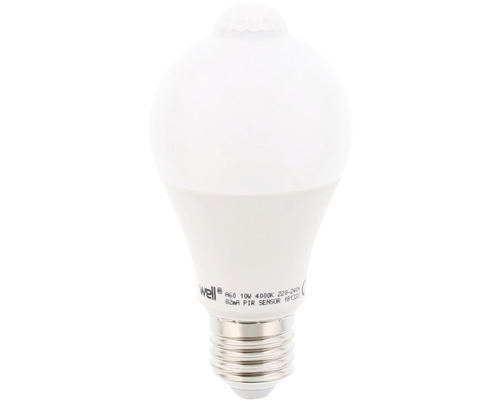 Bec LED cu senzor de mișcare Well E27 10W 1055 lumeni, glob mat A60, lumină caldă