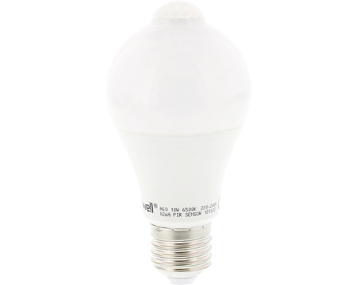 Bec LED cu senzor de mișcare Well E27 10W 1055 lumeni, glob mat A60, lumină rece