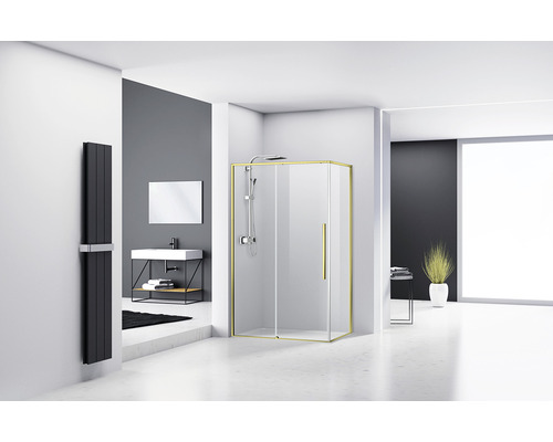 Cabină de duș dreptunghiulară reversibilă Belform Fortuna 100x80x195 cm, sticlă securizată transparentă, ușă glisantă, profil auriu