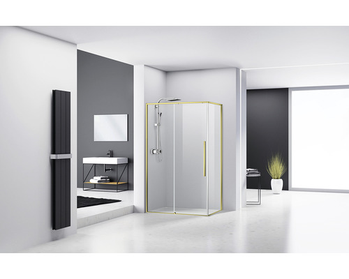 Cabină de duș dreptunghiulară reversibilă Belform Fortuna 120x90x195 cm, sticlă securizată transparentă, ușă glisantă, profil auriu