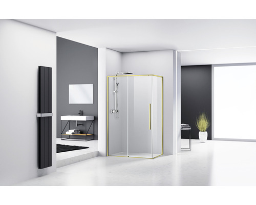 Cabină de duș dreptunghiulară reversibilă Belform Fortuna 120x80x195 cm, sticlă securizată transparentă, ușă glisantă, profil auriu