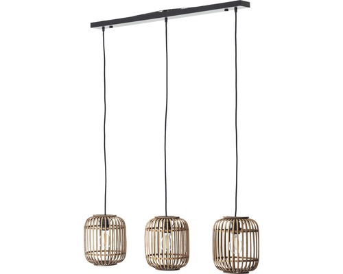 Lumină suspendată cu trei abajururi din bambus