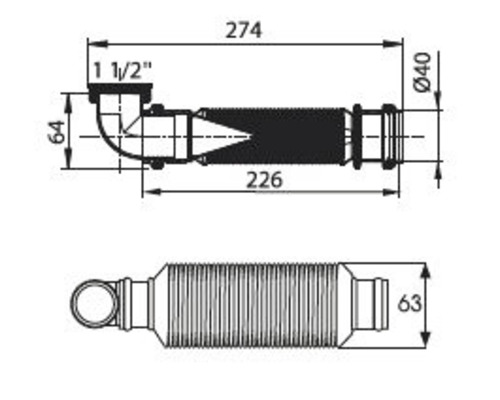 Desen tehnic al unui sifon cu dimensiuni