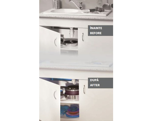 Imagine înainte și după a unui dulap de chiuvetă cu ustensile de gătit