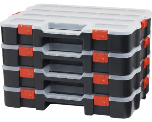 Stivă de patru cutii negre pentru scule cu capace transparente și închizători roșii.