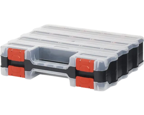 Cutie de sortiment din plastic cu capac transparent și închizători roșii