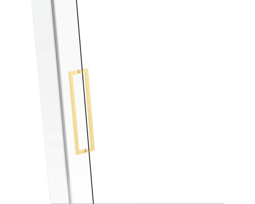 Prim-plan cu o ușă de cabină de duș cu mâner dreptunghiular