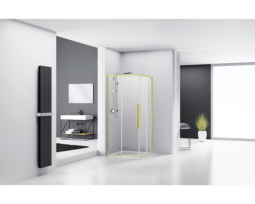 Cabină de duș pătrată Belform Fortuna 80x80x195 cm, sticlă securizată transparentă, 2 uși glisante, profil auriu