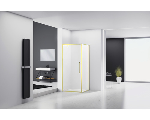 Cabină de duș pătrată reversibilă Belform Fortuna 80x80x195 cm, sticlă securizată transparentă, ușă batantă, profil auriu