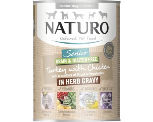 Hrană umedă pentru câini NATURO Senior cu curcan și pui, legume și fructe în sos fără cereale și gluten 390 g Hrană umedă pentru câini NATURO Senior cu curcan și pui, legume și fructe în sos fără cereale și gluten 390 g