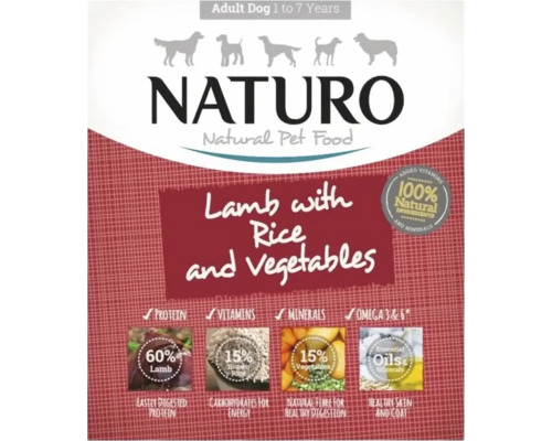 Hrană umedă pentru câini NATURO Adult cu miel, orez și legume fără cereale și gluten 400 g