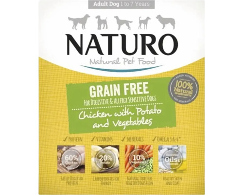 Hrană umedă pentru câini NATURO Adult cu pui, cartofi și legume fără cereale și gluten 400 g