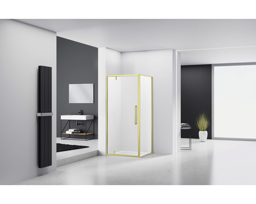 Cabină de duș pătrată reversibilă Belform Fortuna 90x90x195 cm, sticlă securizată transparentă, ușă batantă, profil auriu