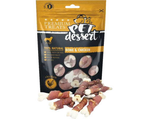 Recompensă pentru câini Pet's Dessert cu oase și pui fără cereale, gluten, lactoză și zahăr 80 g