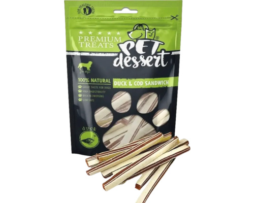 Recompensă pentru câini Pet's Dessert Sandwich cu rață și cod fără cereale, gluten, lactoză și zahăr 80 g Recompensă pentru câini Pet's Dessert Sandwich cu rață și cod fără cereale, gluten, lactoză și zahăr 80 g