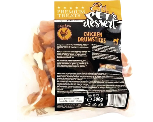 Recompensă pentru câini Pet's Dessert Drumsticks cu pui fără cereale, gluten, lactoză și zahăr 500 g