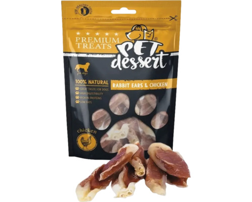 Recompensă pentru câini Pet's Dessert cu urechi de iepure și pui fără cereale, gluten, lactoză și zahăr 80 g