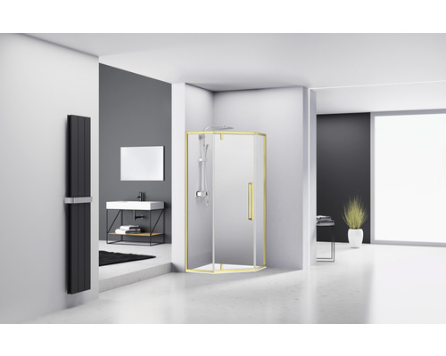 Cabină de duș pentagonală Belform Fortuna 90x90x195 cm, sticlă securizată transparentă, ușă batantă, profil auriu