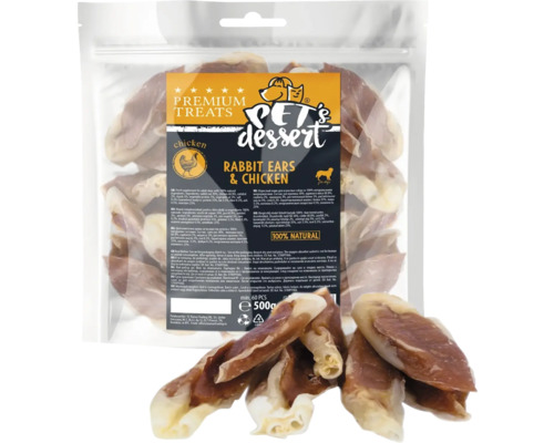 Recompensă pentru câini Pet's Dessert cu urechi de iepure și pui fără cereale, gluten, lactoză și zahăr 500 g Recompensă pentru câini Pet's Dessert cu urechi de iepure și pui fără cereale, gluten, lactoză și zahăr 500 g