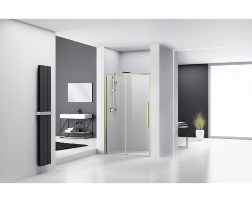 Ușă duș culisantă Belform Fortuna 100x195 cm, sticlă securizată transparentă, profil auriu