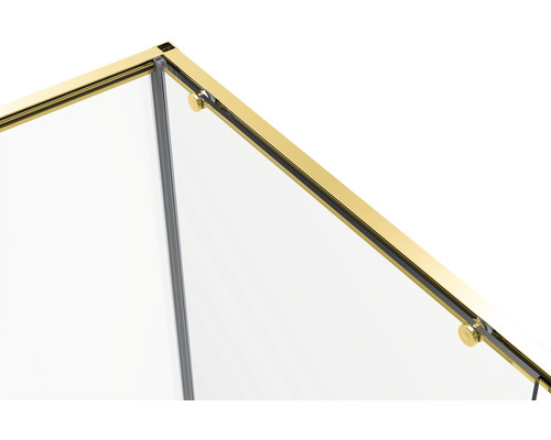 Vizualizare detaliată a unei cabine de duș cu rame și armături aurii și un panou de sticlă.