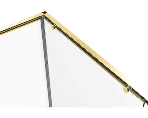 Prim-plan cu o cabină de duș cu accesorii aurii și pereți de sticlă