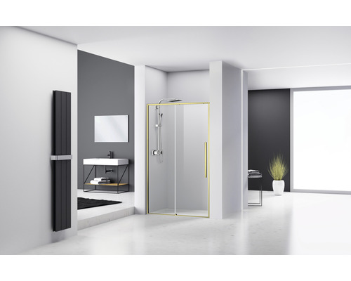 Ușă duș culisantă Belform Fortuna 140x195 cm, sticlă securizată transparentă, profil auriu