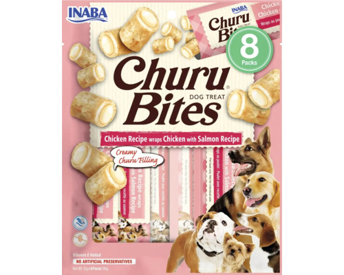Recompensă pentru câini INABA Churu Bites cu pui și somon fără cereale, gluten, lactoză și zahăr 8x12 g