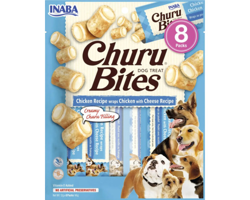 Recompensă pentru câini INABA Churu Bites cu pui și brânză fără cereale, gluten, lactoză și zahăr 8x12 g