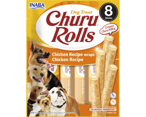 Recompensă pentru câini INABA Churu Rolls cu pui fără cereale, gluten, lactoză și zahăr 8x12 g