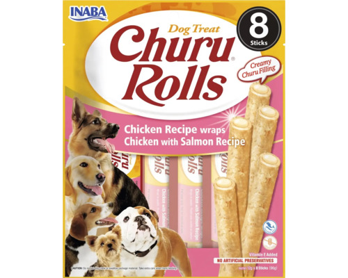 Recompensă pentru câini INABA Churu Rolls cu pui și somon fără cereale, gluten, lactoză și zahăr 8x12 g